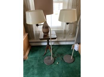 4 Piece Lot Of Retro Style Items Including A Pair Of Floor Lamps, Signed Table Lamp, And Pine Stand