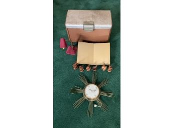 Collection Of Retro Items Including Star Burst Clock And Lamp