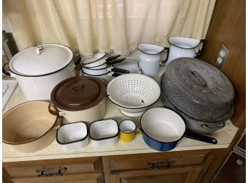 16 Pieces Of Enamelware Pots And Pans