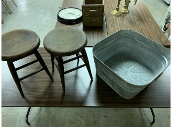 2 Vintage Stools And A Galvanized Wash Tub