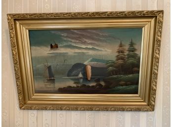 Antique Oil On Canvas Painting With A Great Gold Frame (as Is Painting)