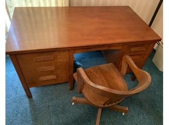 Antique Oak Flat Top Double Bank Desk With Oak Chair