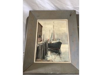 R.A. Scott Harbor Scene With A Ship Oil Painting On Board