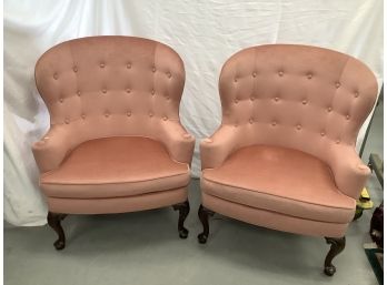 Pair Of Pink Button Back Wing Chairs