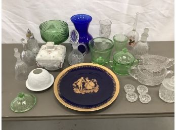 Grouping Of Mixed Glass And Porcelain Items Including Colored Glass, And Bells