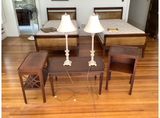 3 Vintage Mahogany Tables And A Pair Of White Lamps