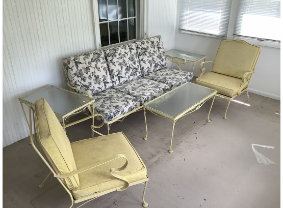 Vintage Yellow 6 Piece Patio Set With Glass Top Tables And Flower Detail