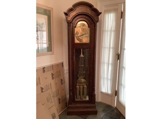 Seth Thomas Grandfather Clock With Carved And Burl Wood Accents