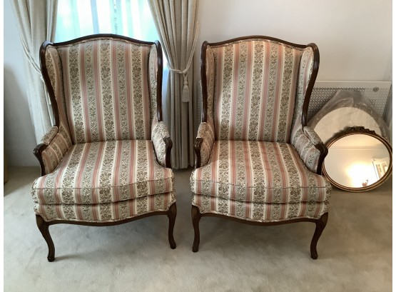 Pair Of French Style Wing Chairs With A Stripped Floral Fabric