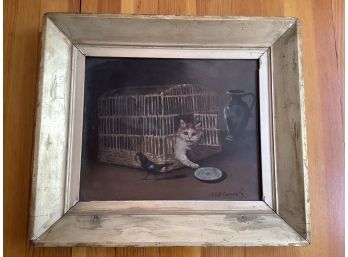 Antique Oil Painting On Board Of A Cat Artist Signed C1870