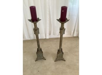 Pair Of Large Brass Candle Sticks With Figural Detail