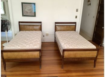 Pair Of Mahogany Twin Beds With Leather Panels