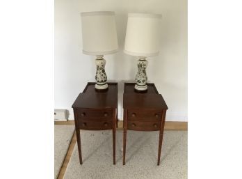 Pair Of Inlaid Mahogany Side Table With Floral Lamps