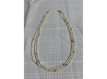 14kt Pearl And Gold Bead Necklace Triple Strand