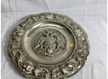Sterling Silver Wall Plate Ornately Decorated With Crest In The Center  29ozt