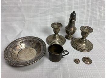7 Piece Sterling Silver Lot With A Pair Of Candle Sticks 4.6 Ozt Plus Weighted Items