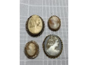 4 Antique Cameos With Silver And Gold Filled Settings