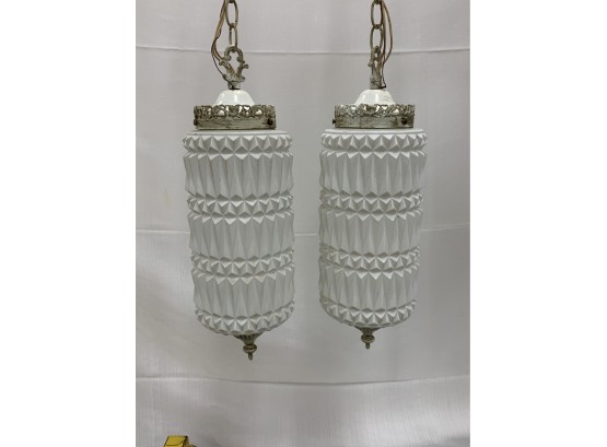 Pair Of White Mid Century Modern Hanging Lamp