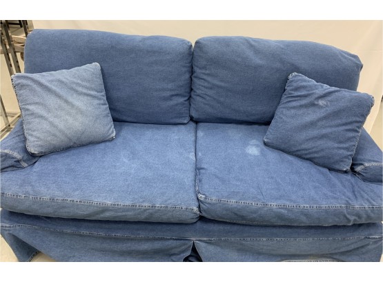 Denim Sofa And Two Ottomans With Slip Covers