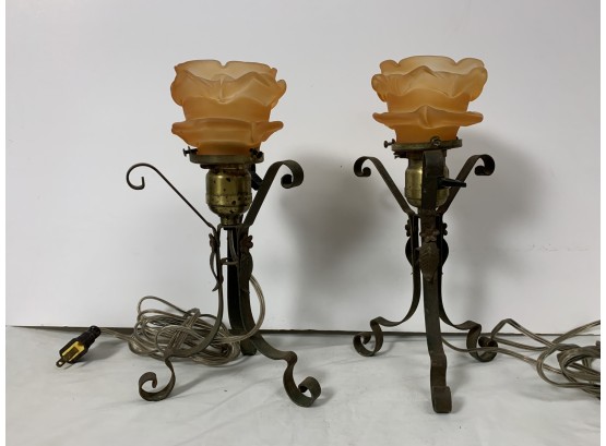 Pair Of Vintage Painted Iron And Frosted Amber Shade Lamps