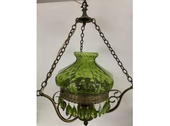 Vintage Brass Green Hanging Fixture With Drop Prisms
