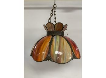 Vintage Mixed Color Slag Glass Hanging Lamp With A White Ball Shade