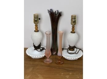 5 Piece Grouping Of Milk Glass Lamps, Carnival Glass, And Fenton