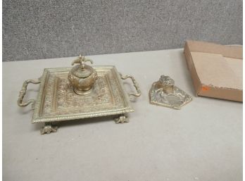Brass Ink Wells 1 With A Winged Dragon Finial And 1 With A Leaf And Berry Design
