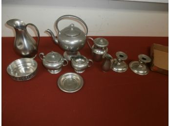 Plymouth Pewter Company And Other, Candlesticks, Pitcher, Norway Pewter Mutli-scenic Bowl, Etc.