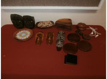 Wood Carving Lot-Book Ends, Masks And Other Miscellaneous Items