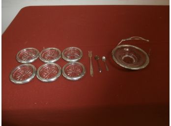 6 Sterling Rimmed Coasters, Reed And Barton Sterling Olive Fork, 2 Mini Spoons And 1 Brides Basket