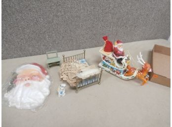 Christmas And Toy Lot, Santa Face-Vintage, Carnival Easter Bunny-chalkware, Battery Operated Santa, Untested