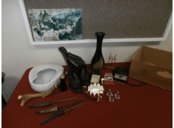 Miscellaneous Lot Including A Camera, Carving Set As Found, Boots Size 10, Etc.