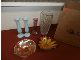 Art Glass Vases, Candy Dish And Footed Carnival Glass Candy Bowl