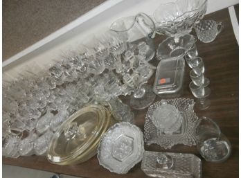 Clear Glass Lot Including Glass Refrigerator Jar, Hens On Baskets (4), Some Crystal, Golf Life Center Glasses