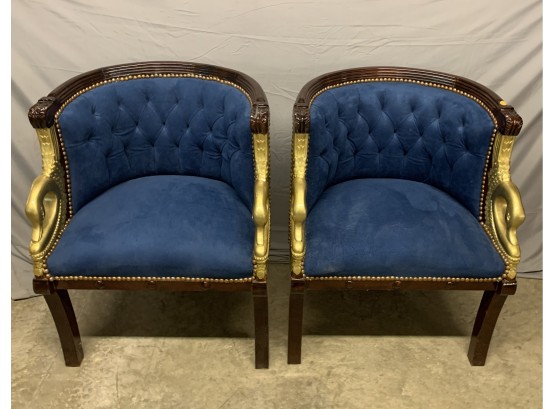 Pair Of Blue Swan Head Club Chairs With Button Backs