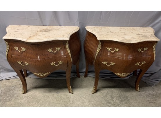 Pair Of Marquetry Inlaid Marble Top Bombay Style Commodes