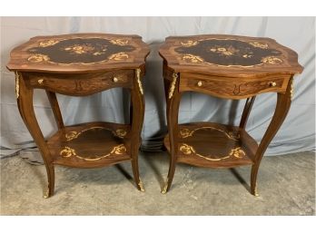 Pair Of Inlaid Tables With 1 Drawer And Brass Feet