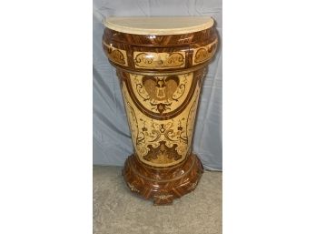 Marble Top 1/2 Round Pedestal With Great Inlay Work And A Drawer