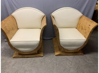 Pair Of Burled Arm Chairs With A Ivory Leather Cushion