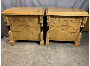 Pair Of Egyptian Revival Burled 3 Drawer Small Chests