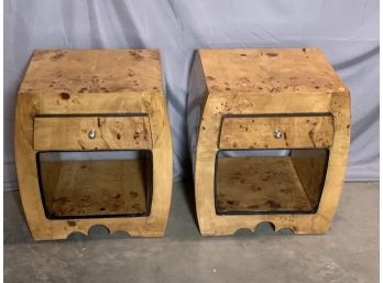 Pair Of Burled 1 Drawer Stands With Black Detail