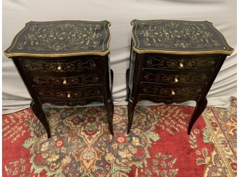 Pair Of Black 3 Drawer Stands With Gold Decoration