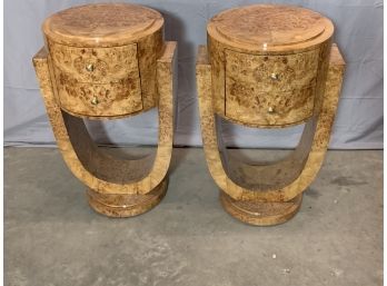 Pair Of Art Deco Style 2 Drawer Burled Stands