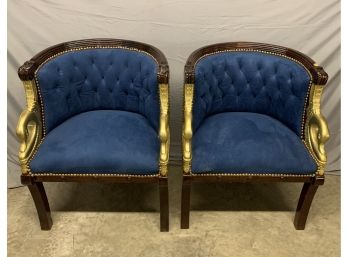 Pair Of Blue Swan Head Club Chairs With Button Backs