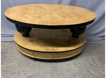 Burled 1 Drawer Oval Coffee Table With Black Ball Accents