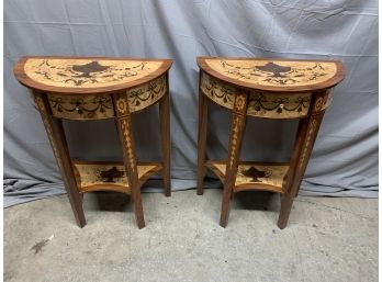 Pair Of Inlaid 1/2 Round Tables