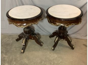 Pair Of Marble Top Round Tables With Brass Ormolu
