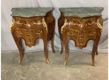 Pair Of Inlaid Marble Top Bombay Style Commodes With Green Marble