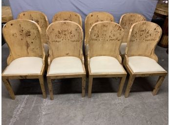 Set Of 8 Burled Dinning Room Chairs With A Barrel Back Design